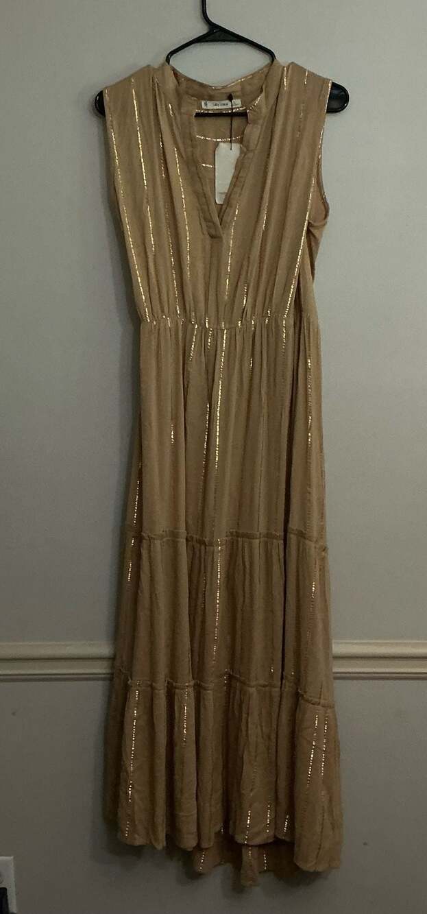 Salty Lemon Gold Striped Sleeveless V-Neck Tiered Maxi Dress Large